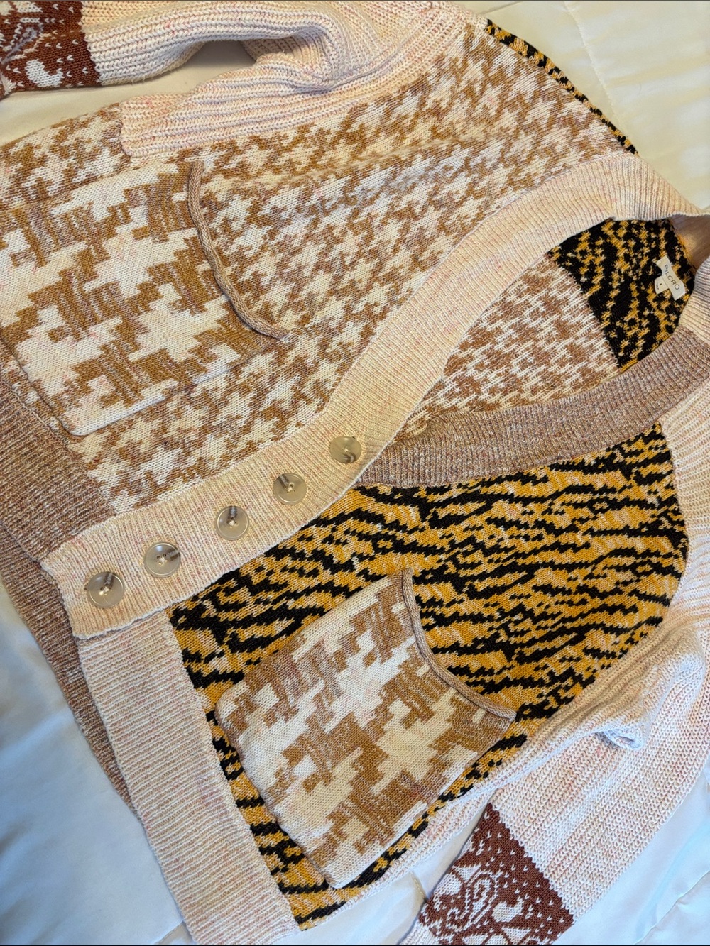 Pilcro Patchwork Patterned Cardigan in Beige, Brown, and Mustard - Picture 3 of 5